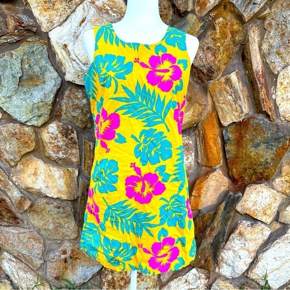 Vintage Dresses & Skirts - Vintage Blue Water Yellow Floral Dress Tropical Sleeveless Beach Vacation Mini S